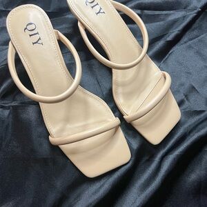 Qi Beige Square-Toe Double-Strap Slide Heels